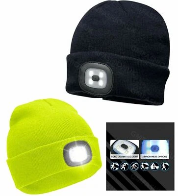 ROCKJOCK LED Rechargeable Light Thermal Winter Beanie Hat Cycling Running Hi Vis Black