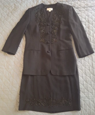 Elegante Vintage LIZ CLAIBORNE Cuentas 2 Piezas Traje Negro Noche Chaqueta Falda *12/16 Foto 1 de 4