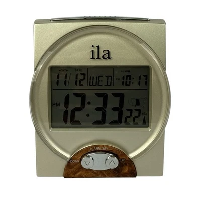 ILA Talking Atomic Alarm Clock Date Calendar Silver Faux Wood Battery Operated - Image 1 of 4
