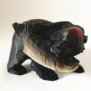 Wooden Carving Figurine "Bear Holding a Salmon" Traditional Craft Hokkaido New - Picture 1 of 3