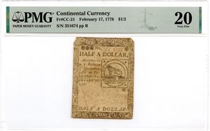 Continental Currency Fr#CC-21 February 17, 1776 $1/2 PMG VF-20 *Fugio Note* - Picture 1 of 2