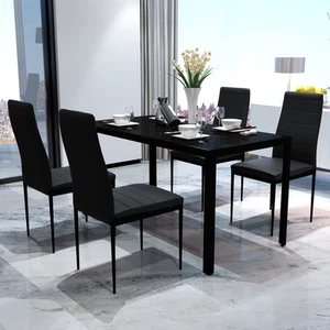 Dining Set with Table and 4 Chairs Kitchen Furniture Tempered Glass Black 5 pcs - Picture 1 of 4