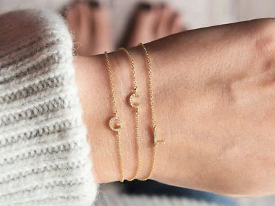 Diamond Letter Bracelet Tiny Diamond Initial Bracelet 14K Solid Gold Bracelet. - Image 1 of 4