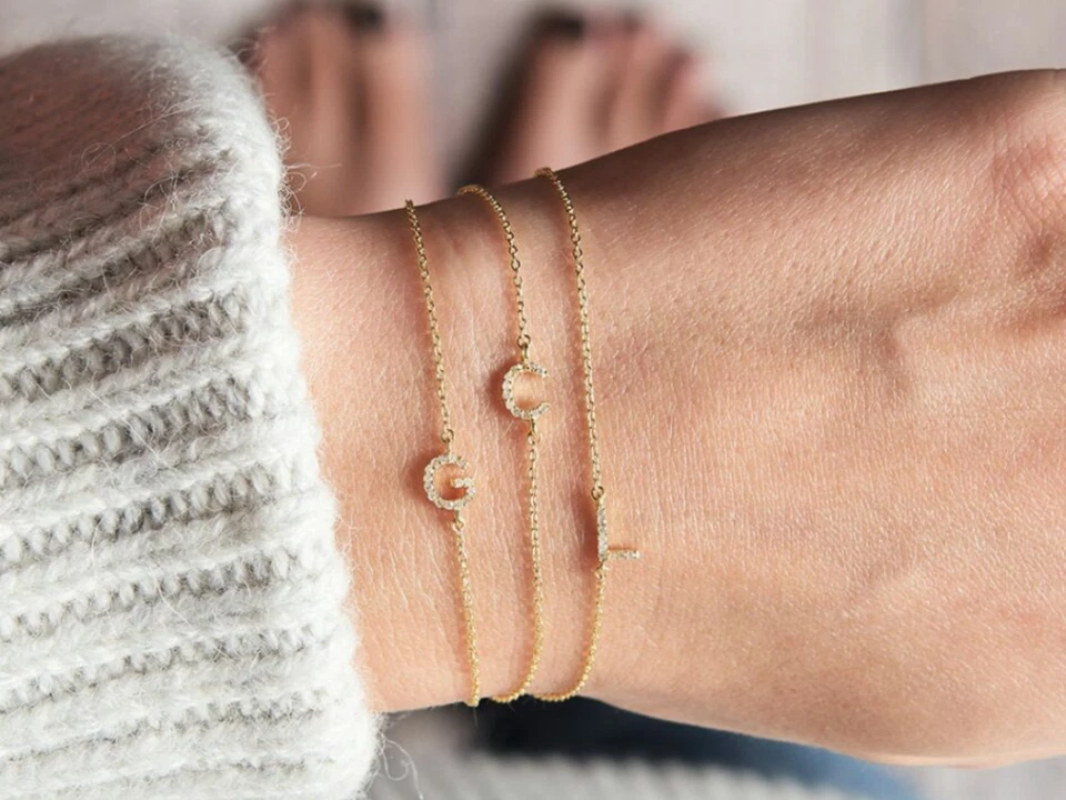 Diamond Letter Bracelet Tiny diamond Initial bracelet 14K Solid Gold bracelet - Image 1 of 4