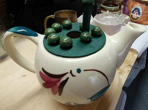 Rustic Handmade ceramic birdhouse teapot -- abstract floral Cover