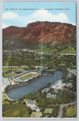 Postal vintage de lino Broadmoor Hotel Colorado Springs Colorado vista aérea Foto 1 de 2