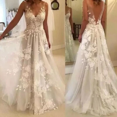 Vestidos de novia sexy cuello en V espalda sin espalda una línea apliques de encaje vestidos de novia florales Foto 1 de 4