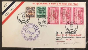1937 Manila Philippines First Flight Clipper Cover FFC to Macao Macau China - Picture 1 of 2