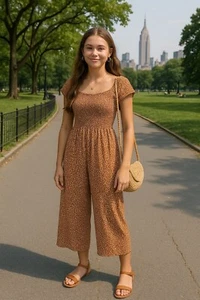 Art Class Ditsy Floral Romper Rust Smocked Wide-Leg Youth L Summer Spring Boho - Picture 1 of 8