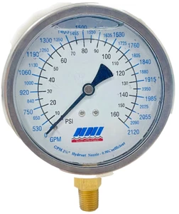 NNI 4" Dial Dual Read PSI GPM Gauge 0-160Psi/2120 GPM Liquid filled - Picture 1 of 7