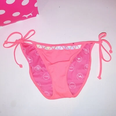 Victoria Secret PINK Swim Bikini Bottom Medium Orange String Tie Sequin Trim - Image 1 of 4