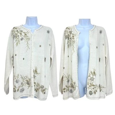 Cárdigan Suéter Stitches in Time De Colección Bordado Con Cuentas Dorado Crema M Vacaciones Foto 1 de 4