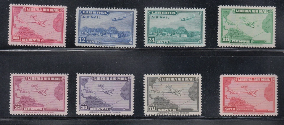 Liberia # C37-44 MNH 1942-44 Air Mail Set Map Airplane - ABNCo - PRISTINE GUM - Image 1 of 1