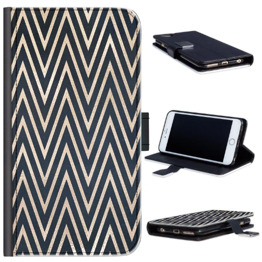 Funda de teléfono Chevron dorada y negra para iPhone 13/12/11/Pro; cubierta abatible de cuero PU Foto 1 de 4