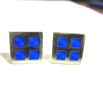 VINTAGE SILVER TONE AND BLUE ENAMEL WINDOW PANE CUFFLINKS 3/4" WIDE X 1/2" TALL - Image 1 of 4