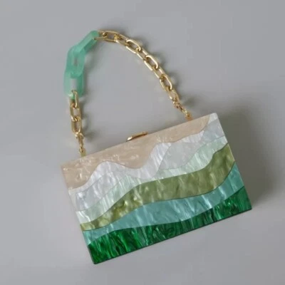 Mujeres Cartera de Noche Verde Beige Rayas Bolso sin asas Boda Fiesta Bolso de mano Cartera Foto 1 de 4