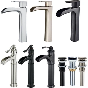 Tall Bathroom Vessel Sink Faucet Single Handle Hole Waterfall Vanity Basin Mixer - Picture 1 of 116