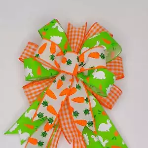 Arco de Pascua, lino verde con conejito blanco, estampado a cuadros naranja, estampado de zanahoria - Imagen 1 de 2