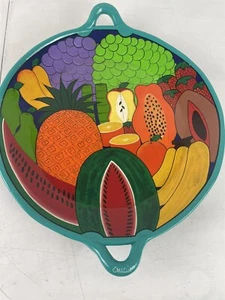 Mexican Pottery Decorated Round Platter Serving Tray Cancun Signed Fruit Handles - Picture 1 of 9