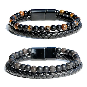 Women Men Jewelry Natural Stone Genuine Leather Bracelets Black Stainless Steel - Picture 1 of 36