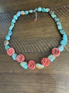 VAR 925 Silver Carved Red CORAL Flowers TURQUOISE NECKLACE 18”+2” - Picture 1 of 8