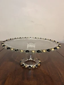 Czech Cake Stand Clear W/ Black Gold Beaded Glass Inverted Vase Pedestal Round - Picture 1 of 9