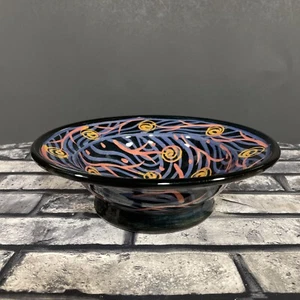 STARK Studio Art Pottery 9” Bowl Signed Whimsical Flower Design Blue Pink Yellow - Picture 1 of 12