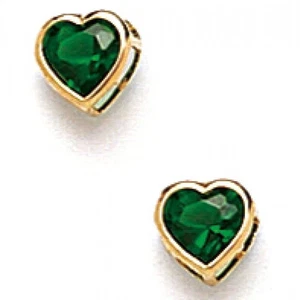 Women/Childrens 14K Solid Yellow Gold Emerald May Birthstone Heart Stud Earrings - Picture 1 of 1