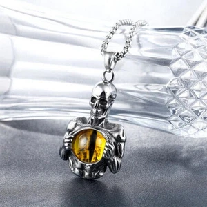 Pendant Necklace Stainless Steel Cool Men's Gothic Skeleton Skull Evil Eye Gift - Picture 1 of 34