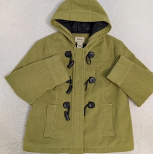 LL Bean Womens M Petite Duffle Coat Hooded Toggle Closure Wool Lined Green - Picture 1 of 9