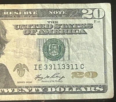 (BINARY REPEATER!) $20 Rare Quad Double Repeater Fancy Serial Number IE33113311C - Image 1 of 3