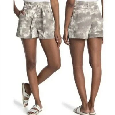MUSTARD SEED Button Fly Paper Bag High Waist Shorts Sz M Pleated Tie Dye Gray - Image 1 of 4