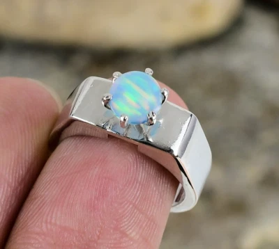 Natural Blue Fire Opal Ring 925Sterling Silver Ring For Women Mother Ring Dainty - Image 1 of 4