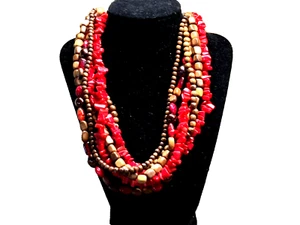 Vinage Six Strnd Necklace of Coral beads & ?Koa Wood and One strand multi beads - Picture 1 of 5