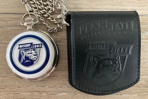 Danbury Mint NCAA Penn State Nit Lions Pocket Watch w/Chain & Leather Belt Pouch Cover