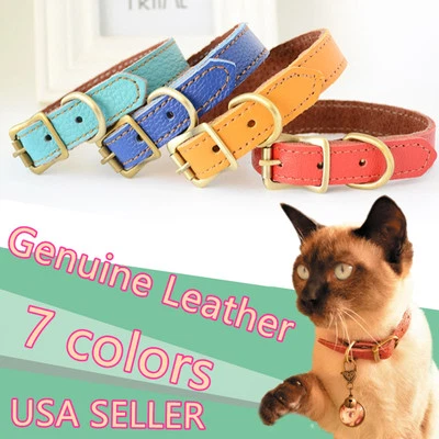 Pet Cat Dog Genuine Real Leather Collar Retro Buckle Adjustable Pure Color