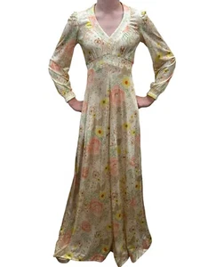 Vtg 70s Sz S Rare ALFREDA Maxi Dress Silky Nylon Jersey Empire Waist Hippie Boho - Picture 1 of 12