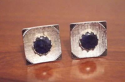 Vintage Shields Cufflinks Square Silver Tone Weave Black/Navy Stone - Image 1 of 4