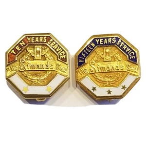 2 VTG The SIMONDS SAW 8K Gold 10 & 15 Years Service Pins Lot 1.5 cm Time Flies - Picture 1 of 8