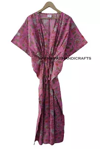 Indian Floral Print Cotton Gypsy Maxi Beach Cover up Pink Women Caftan Dress - Picture 1 of 5