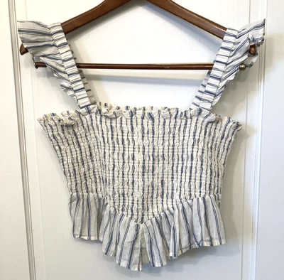 Топ AE Bella со сборками укороченный S с оборками в полоску синий кремовый богемное хиппи слои 2024 - Изображение 1 из 4