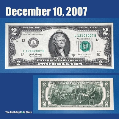 December 10, 2007 Birthday Anniversary $2 Two Dollar Bill Serial Number 12102007 - Image 1 of 2