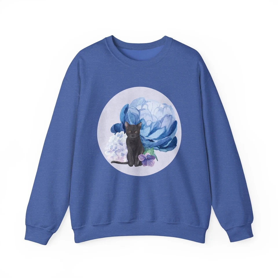 Whimsical Cat Floral Crewneck Sweatshirt Cozy Gift Cat Lovers Watercolor Plants - Image 1 of 1