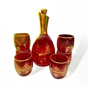 VTG Ferro and Lazzarini Murano Red Glass Gold Decanter and 6 Glasses (TI01) - Picture 1 of 10