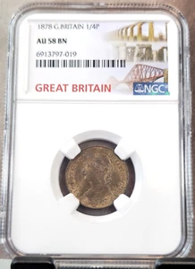 1878 GREAT BRITAIN 1/4 PENNY QUEEN VICTORIA FARTHING NGC AU 58 BN BEAUTIFUL COIN - Picture 1 of 3