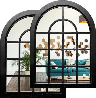 2PCS Arched Window Wall Mirror,Rustic Farmhouse Accent Mirror, Wood Framed Entry - Image 1 of 4