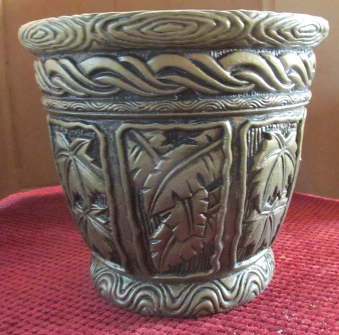 Vtg Embossed Tiki Tropical Palm Leaf Pattern PLANTER POT MCM 1970s Brown Plastic Cover