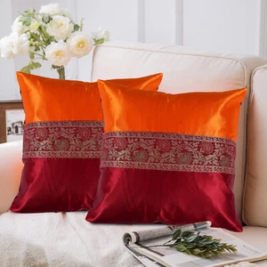 Orange & Maroon Satin Cushion Cover Throw Pillow Cover For Sofa 16x16 (2 Pc) - Picture 1 of 4