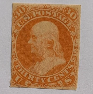 USA : 1861 Franklin. 30c. Orange. Unused. Trimmed Margins. CV: £2000 - Image 1 of 4
