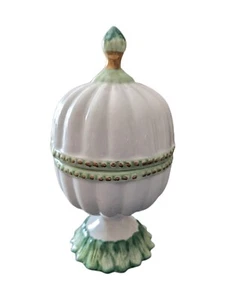 Italian Egg Porcelain Trinket Box White Green Gold Trim Fluted Base with Lid  - Picture 1 of 7